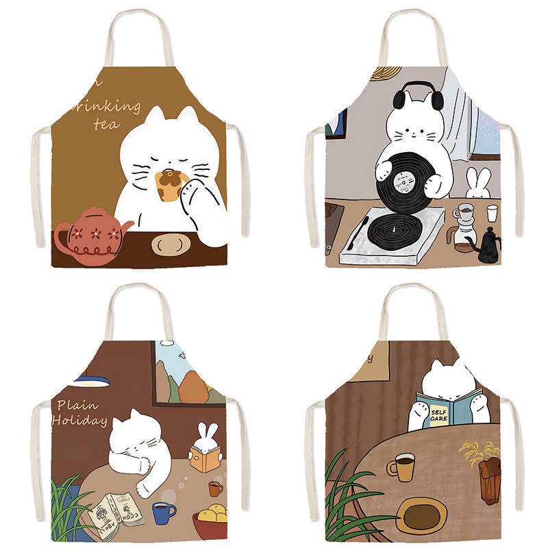 Cute White Cat Printed Apron C - Home Cooking For Cats ulasan dan harga